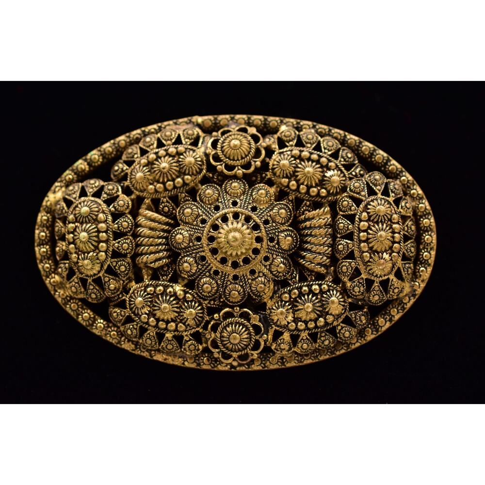 Antique Czech Filigree Deco Brooch Gold Floral Ornate Signed Czechoslovakia BnBP